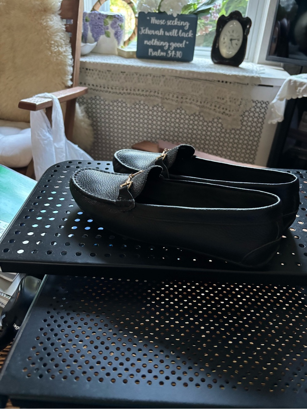 Saks Fifth Avenue Black Leather Loafers with Gold Bit